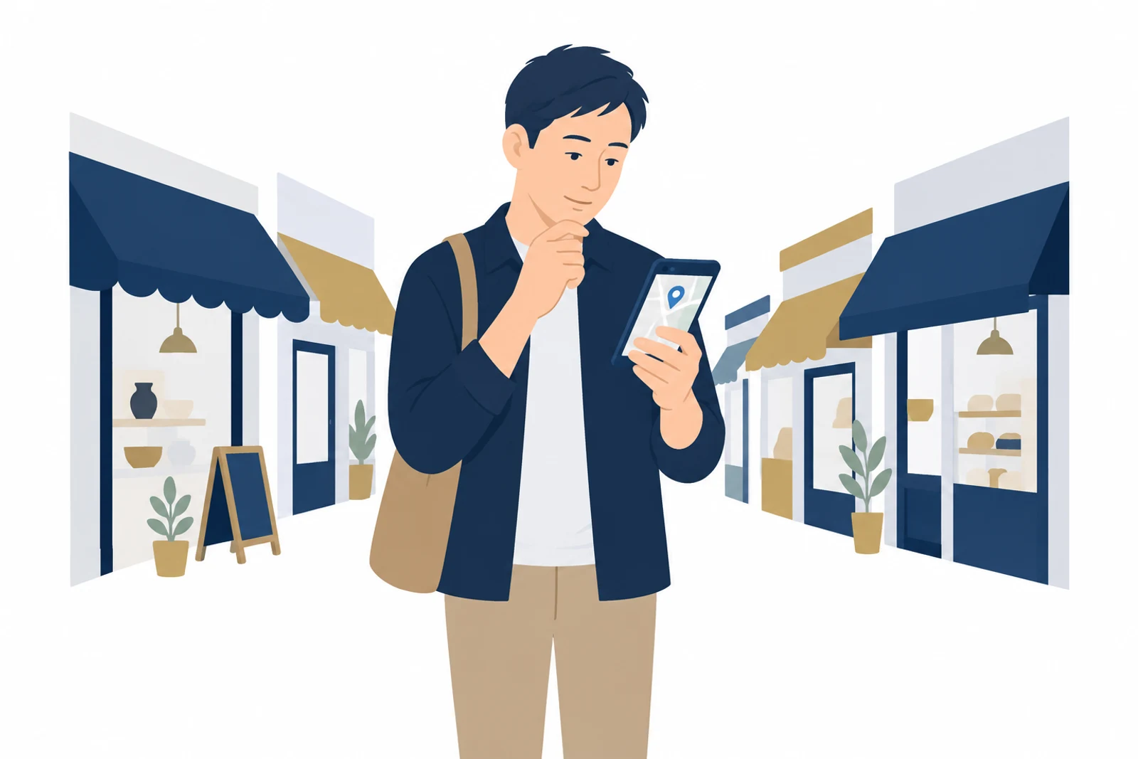 MEO対策を自分で始める前に、スマホの地図で近くのお店の並び方を確かめる男性のイラスト