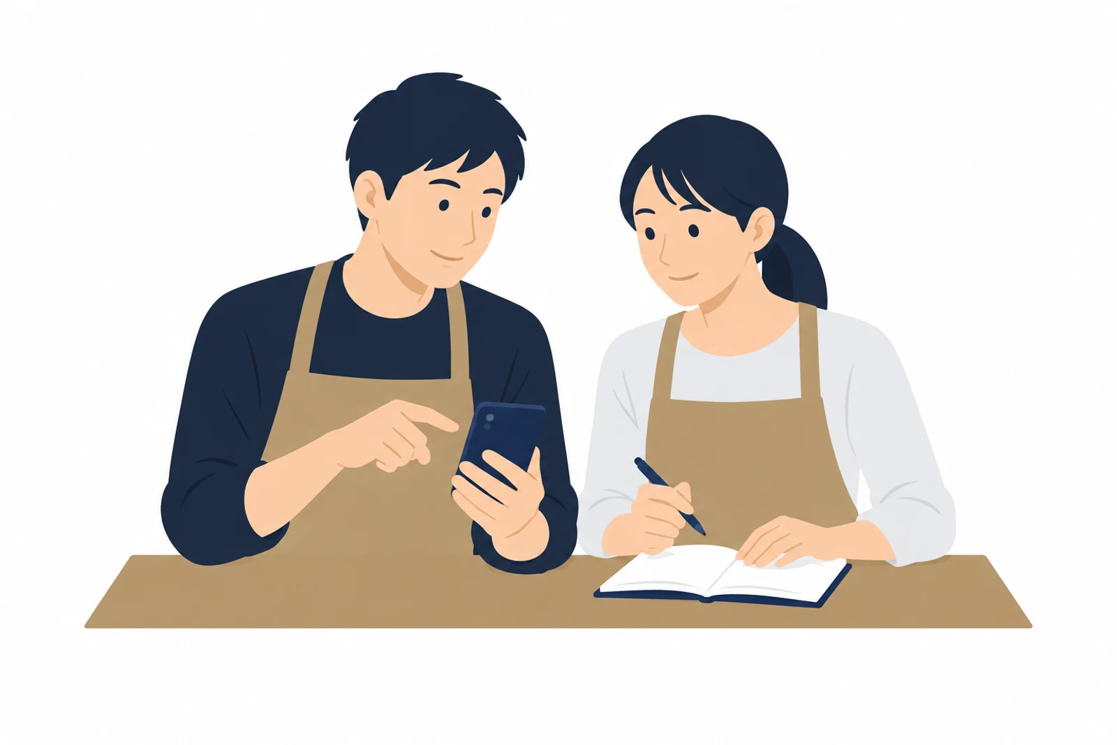 MEO対策を自分で続けるか任せるかを、閉店後のカウンターで相談する店主2人のイラスト
