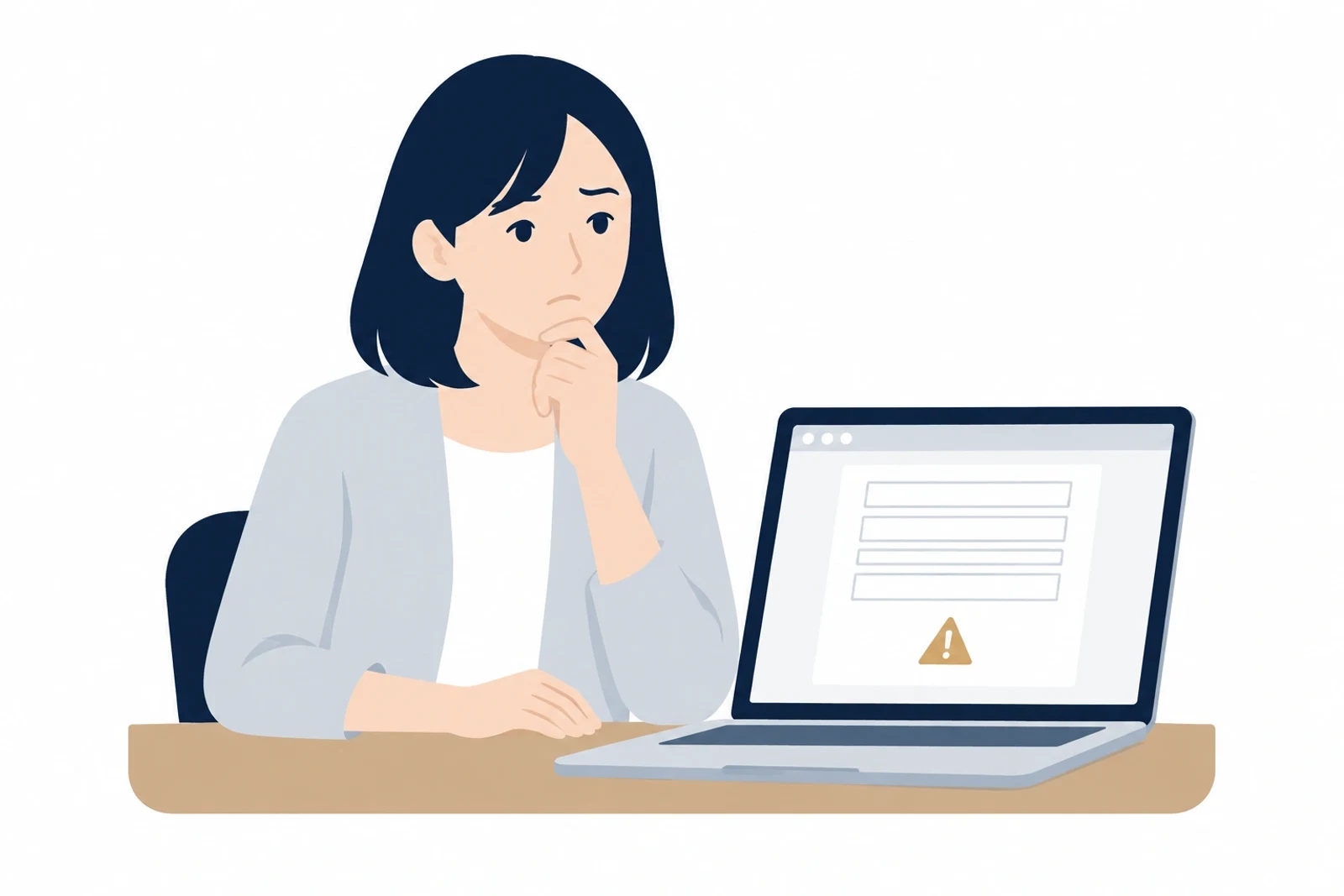 「保護されていない通信」の表示を見て、問い合わせフォームへの入力をためらう人のイラスト