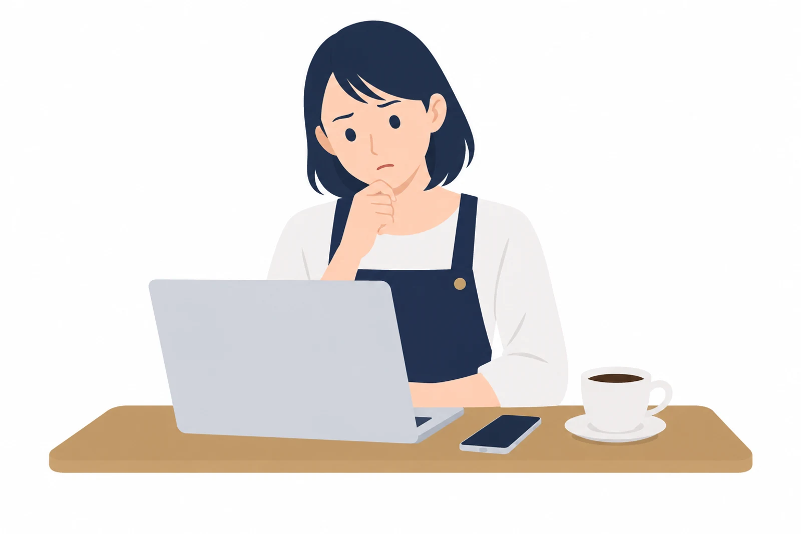 自分のホームページが古いかどうかを、ノートパソコンとスマホで開いて確かめるお店の人のイラスト