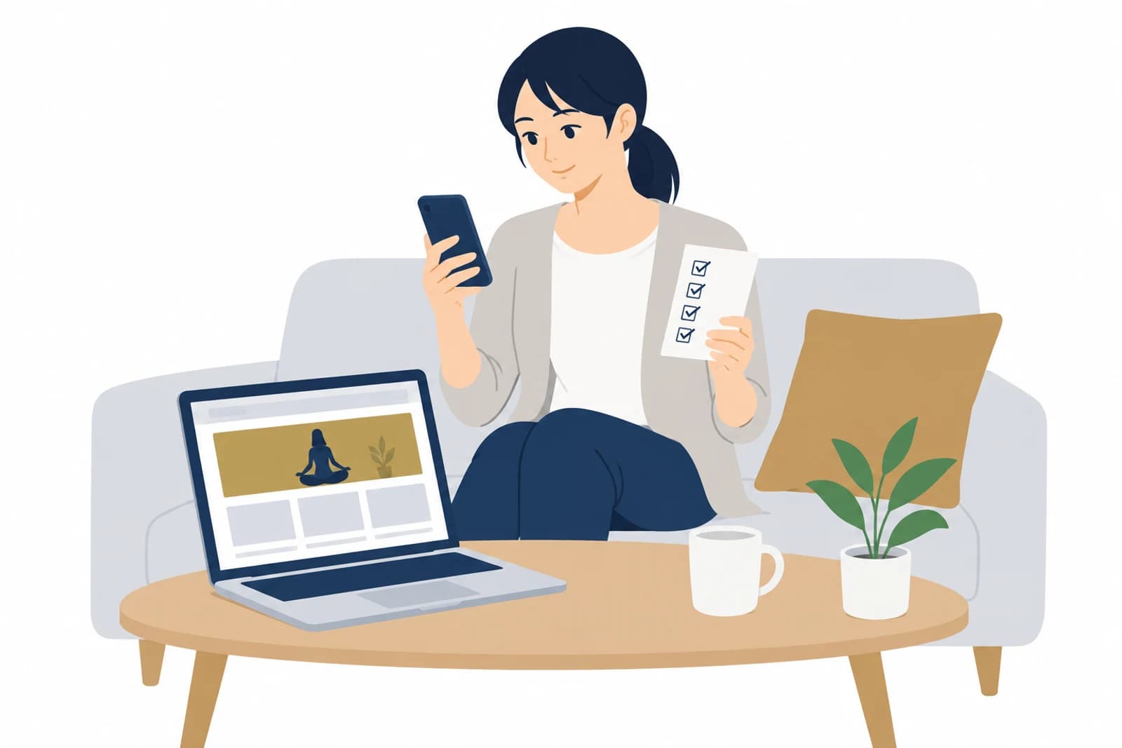 ペライチを無料のお試し期間で使い、スマホとパソコンで表示を確かめる女性のイラスト
