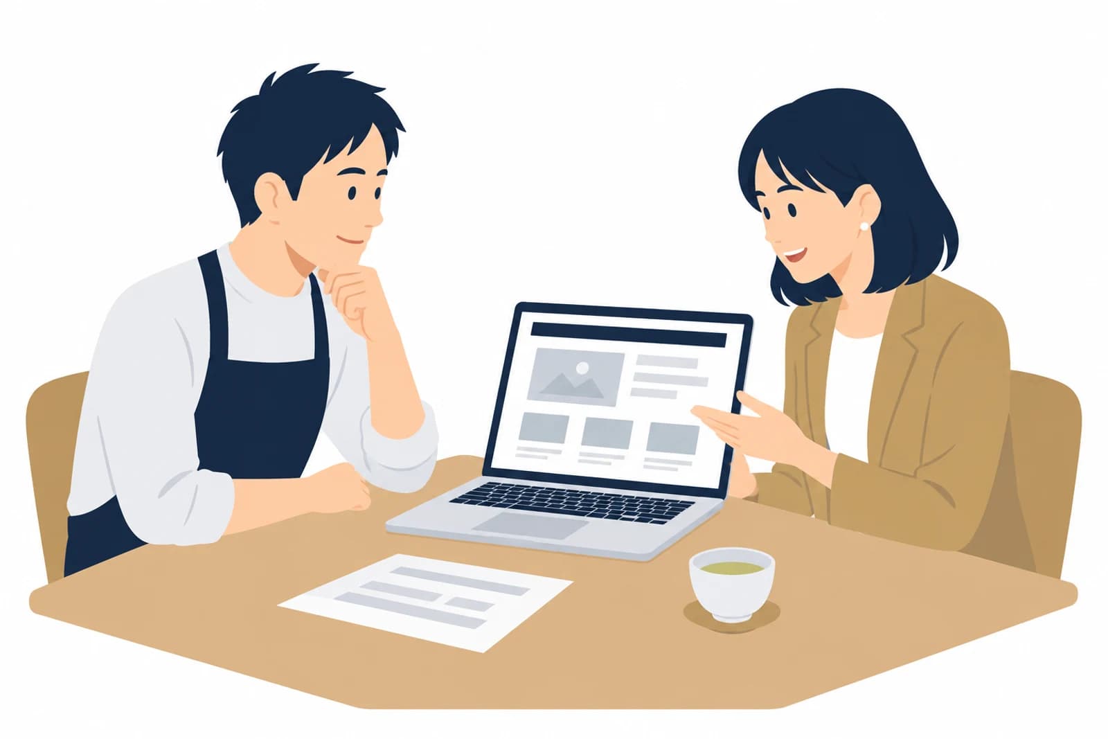 ペライチで自分で作るか制作を頼むかを、制作担当者と相談する店主のイラスト