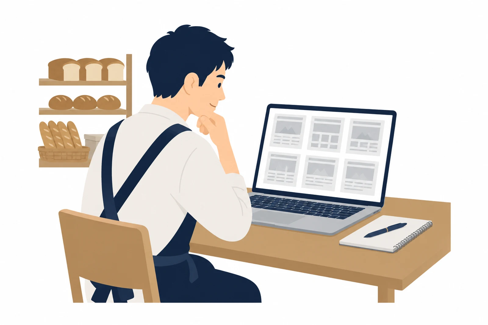ペライチとは何かを調べながら、ノートパソコンでテンプレートを選ぶ店主のイラスト