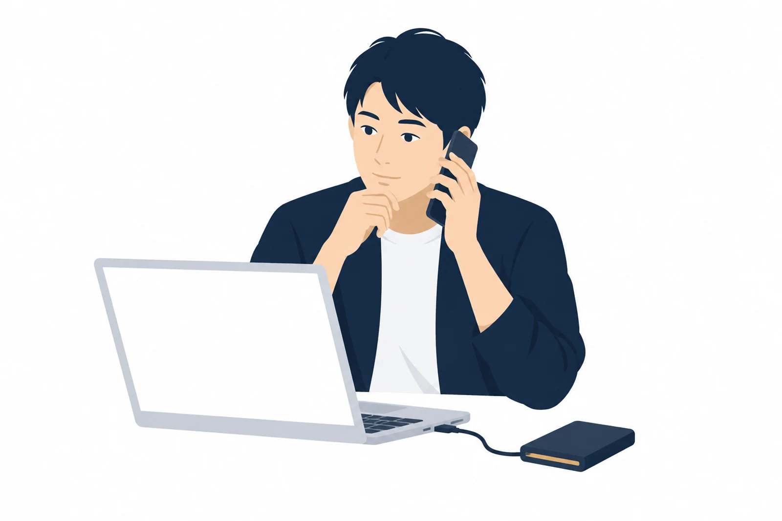 PHPの更新のあとに画面が真っ白になり、バックアップを手元に置いて相談する男性のイラスト