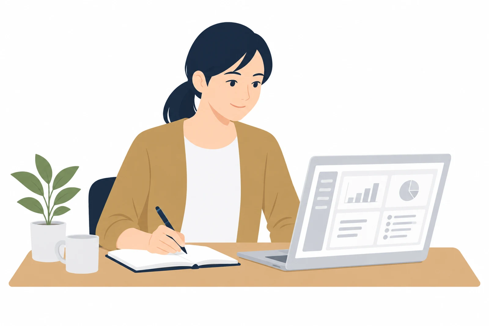自分のサイトのPHPのバージョンを、WordPressの管理画面で確かめる女性のイラスト