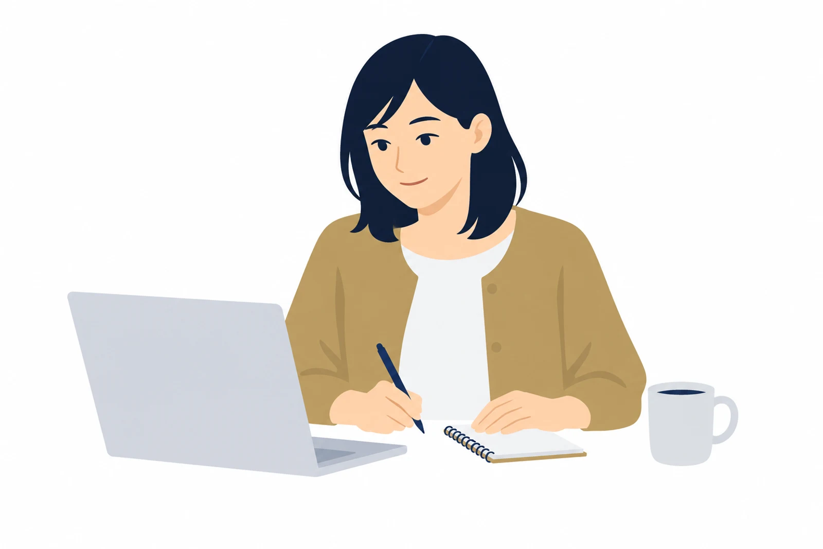 レンタルサーバーのPHPバージョンを変更する前に、いまのバージョンを画面から手帳に書き写す女性のイラスト