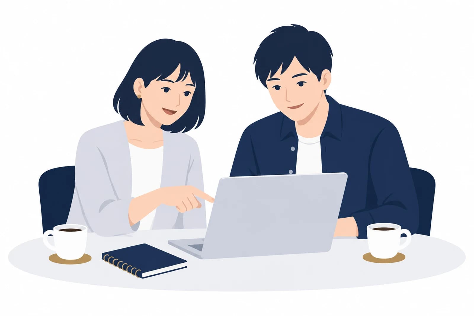 サーチコンソールの画面を制作会社の担当者と一緒に見ながら、権限の共有を相談する事業者のイラスト