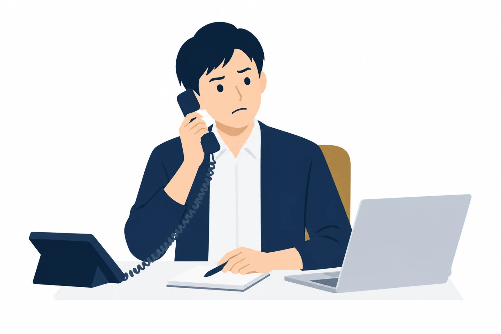 SEO対策の営業電話を受けて、話の中身を疑いながらメモを取る事業者のイラスト