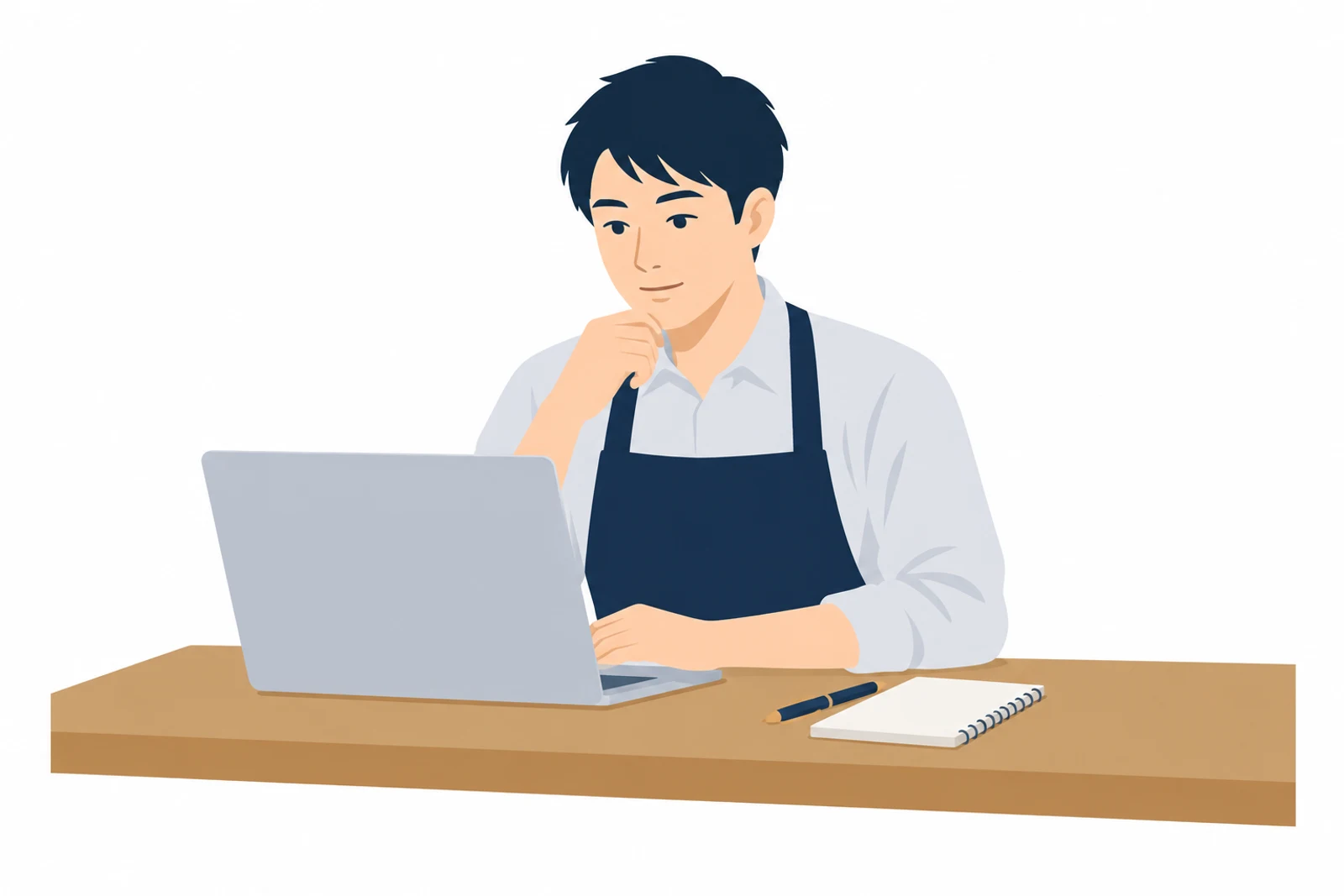 閉店後の店のカウンターで、SEO対策を自分で始めるためにノートパソコンを開く店主のイラスト