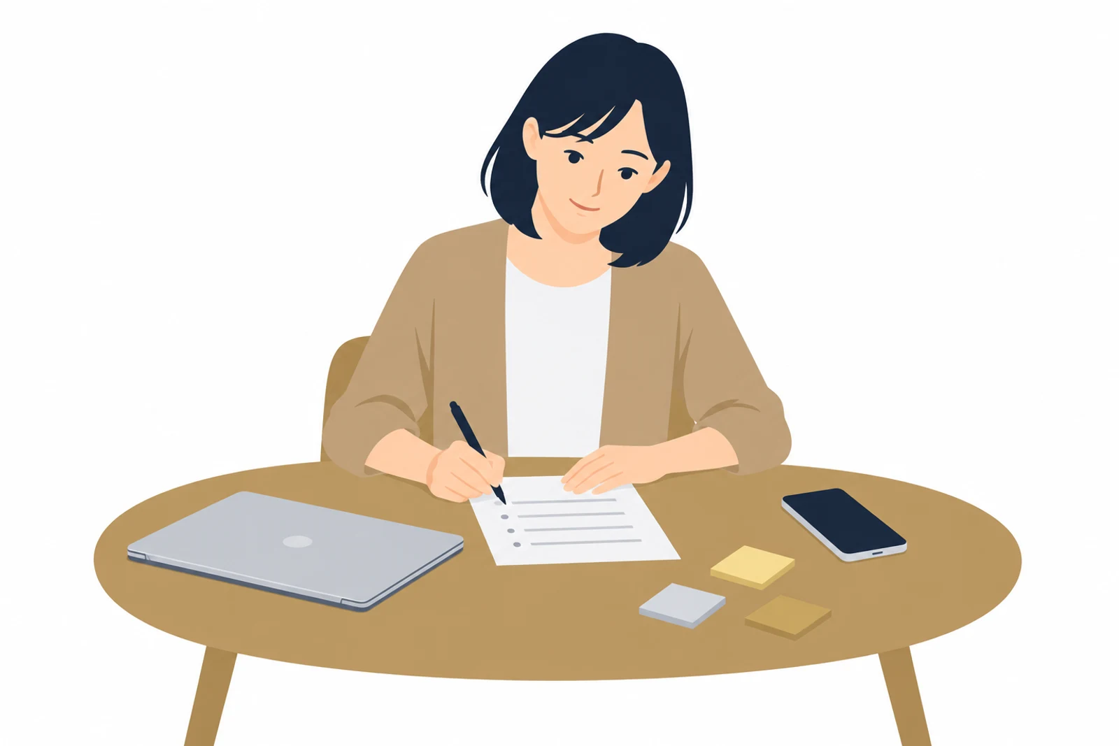 SEO対策の準備として、パソコンを開く前にお客さんから聞かれた質問を紙に書き出す女性のイラスト