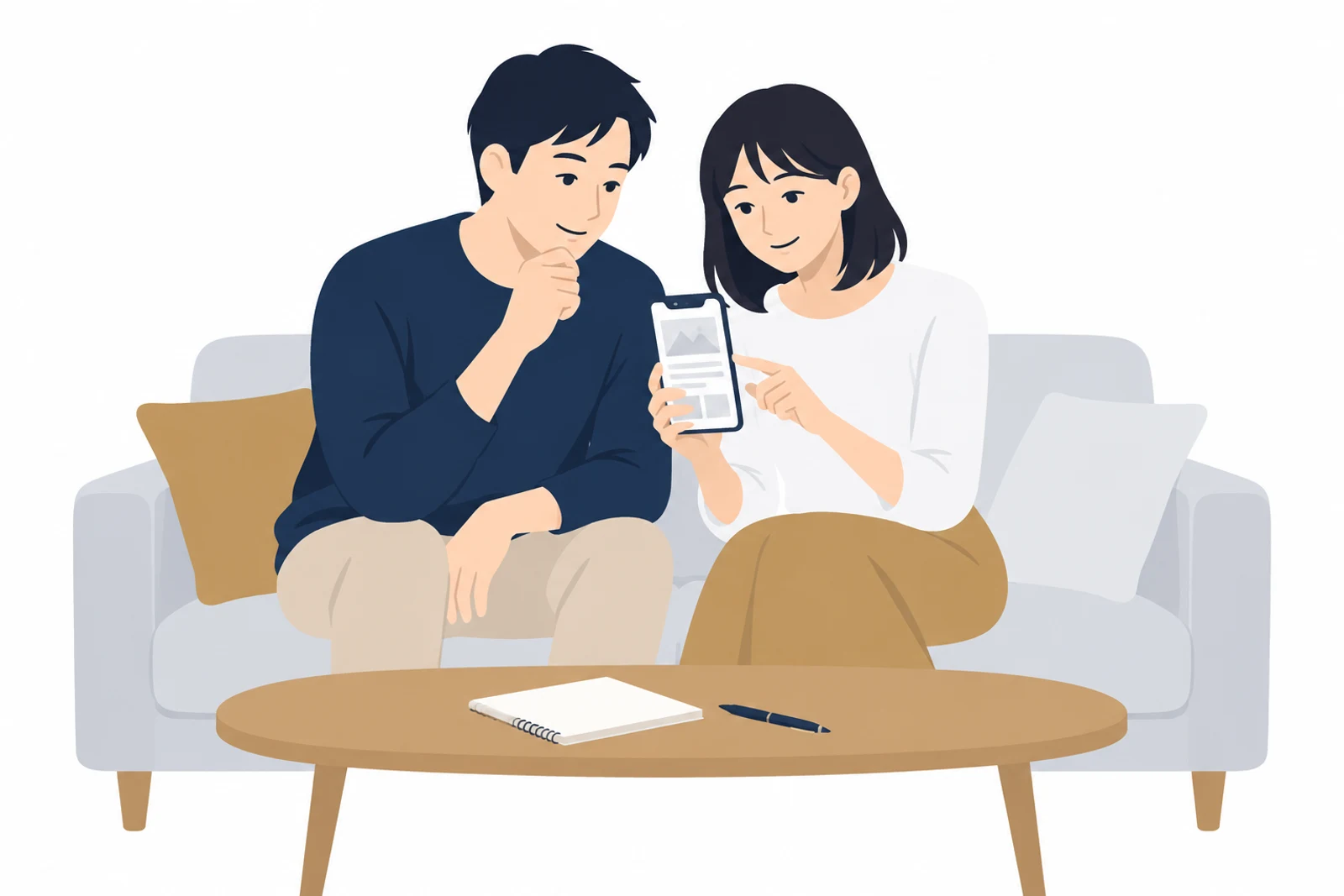SNSで知ったお店のホームページをスマホで開き、料金や場所を確かめる夫婦のイラスト
