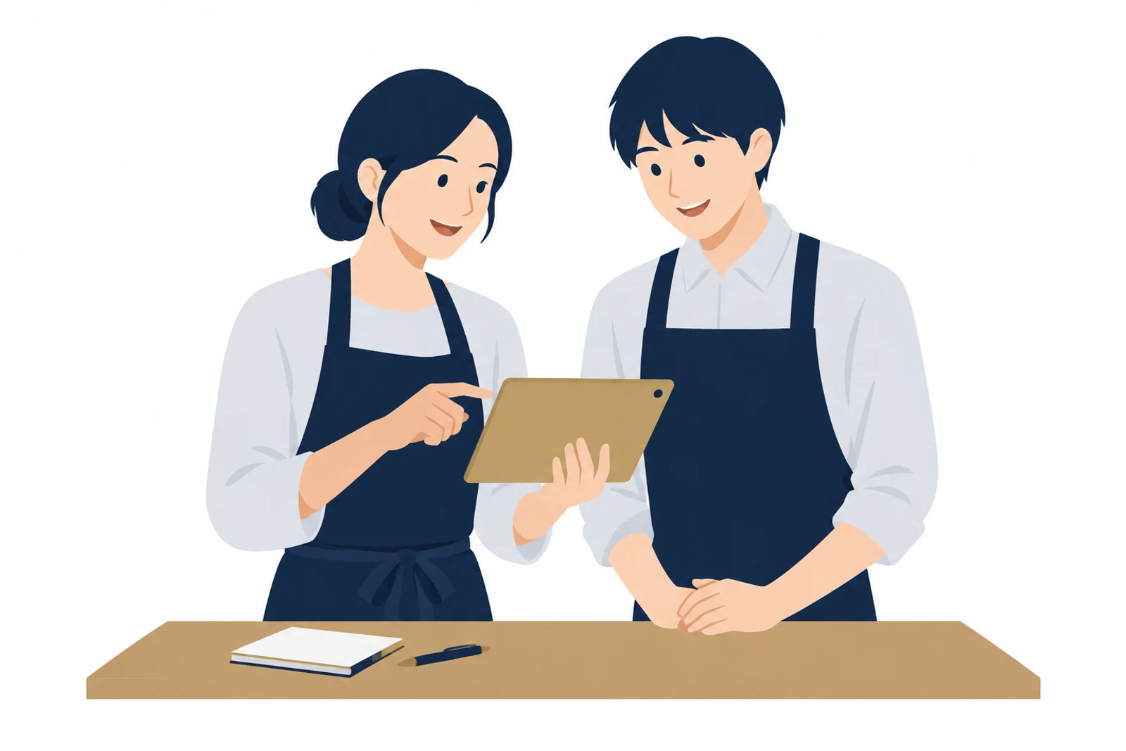 店舗DXの最初の一歩として、開店前に店主とスタッフがタブレットを見ながら作業の見直しを話し合うイラスト