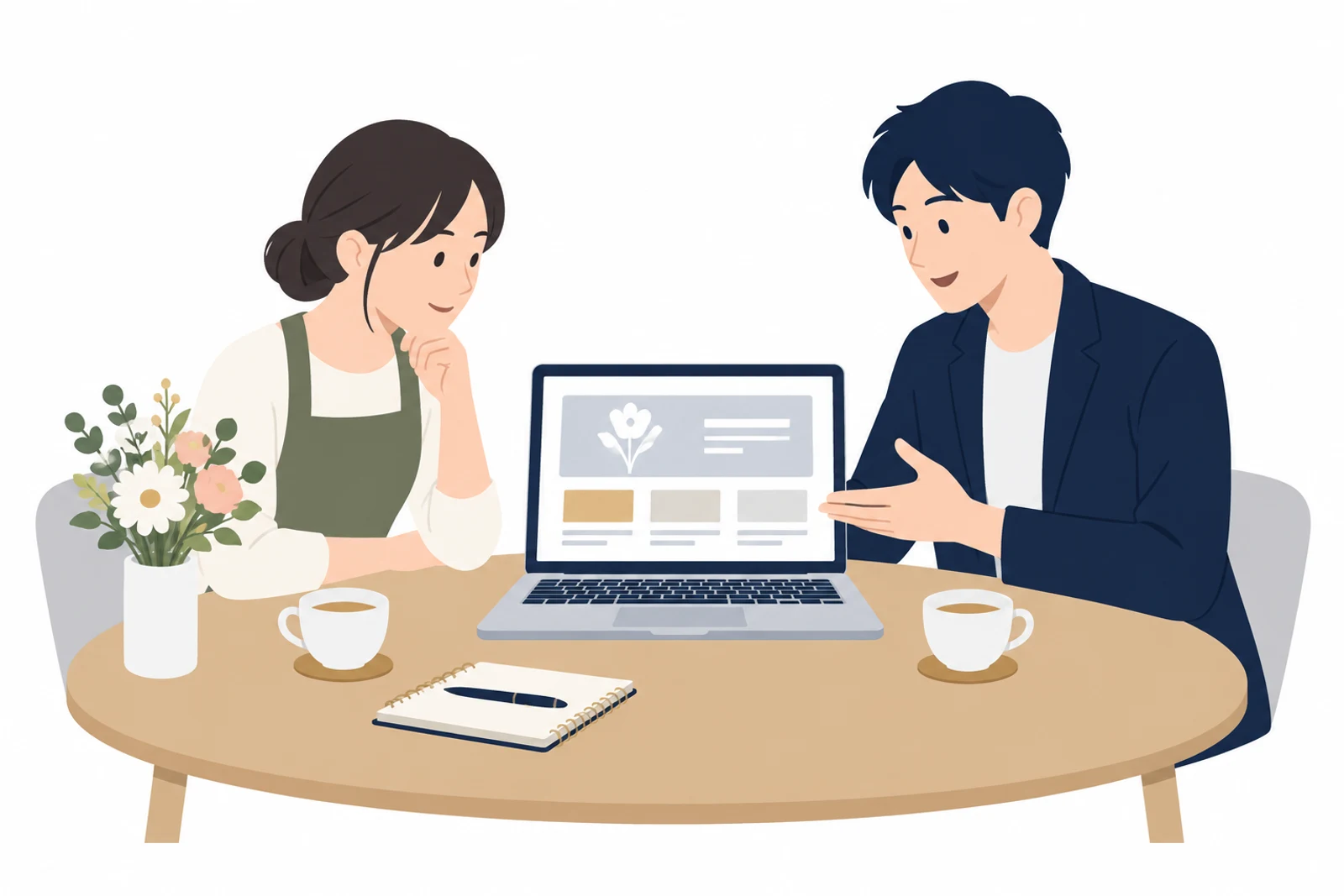 STUDIOやジンドゥーで自分で作るか制作を頼むかを、制作者と相談して決める店主のイラスト
