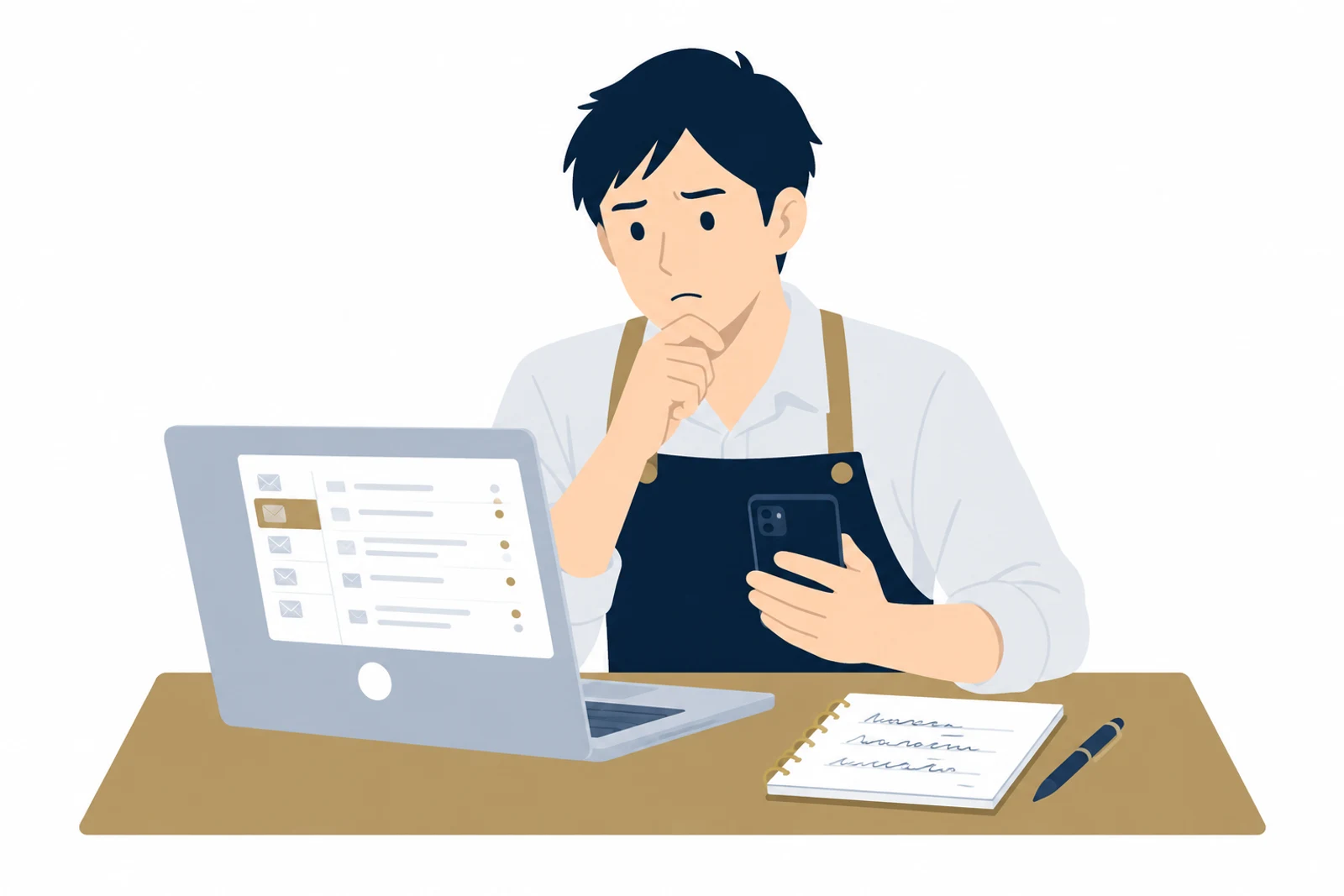 ホームページの制作会社からの返事が来ず、メールと電話の記録を見返す店主のイラスト