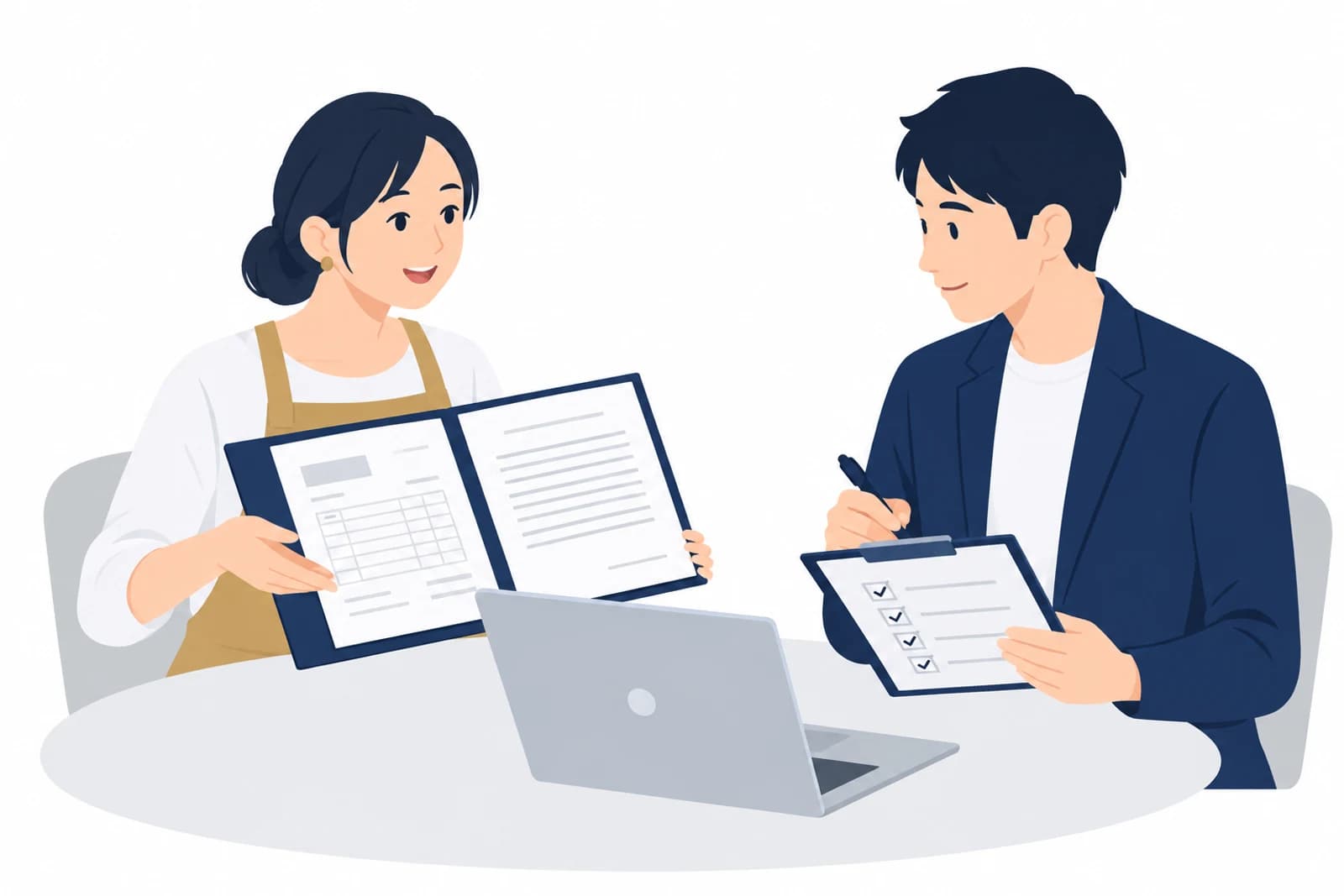 制作会社と連絡が取れないホームページの引き継ぎを、書類を見せながら保守の担当者に相談する女性のイラスト