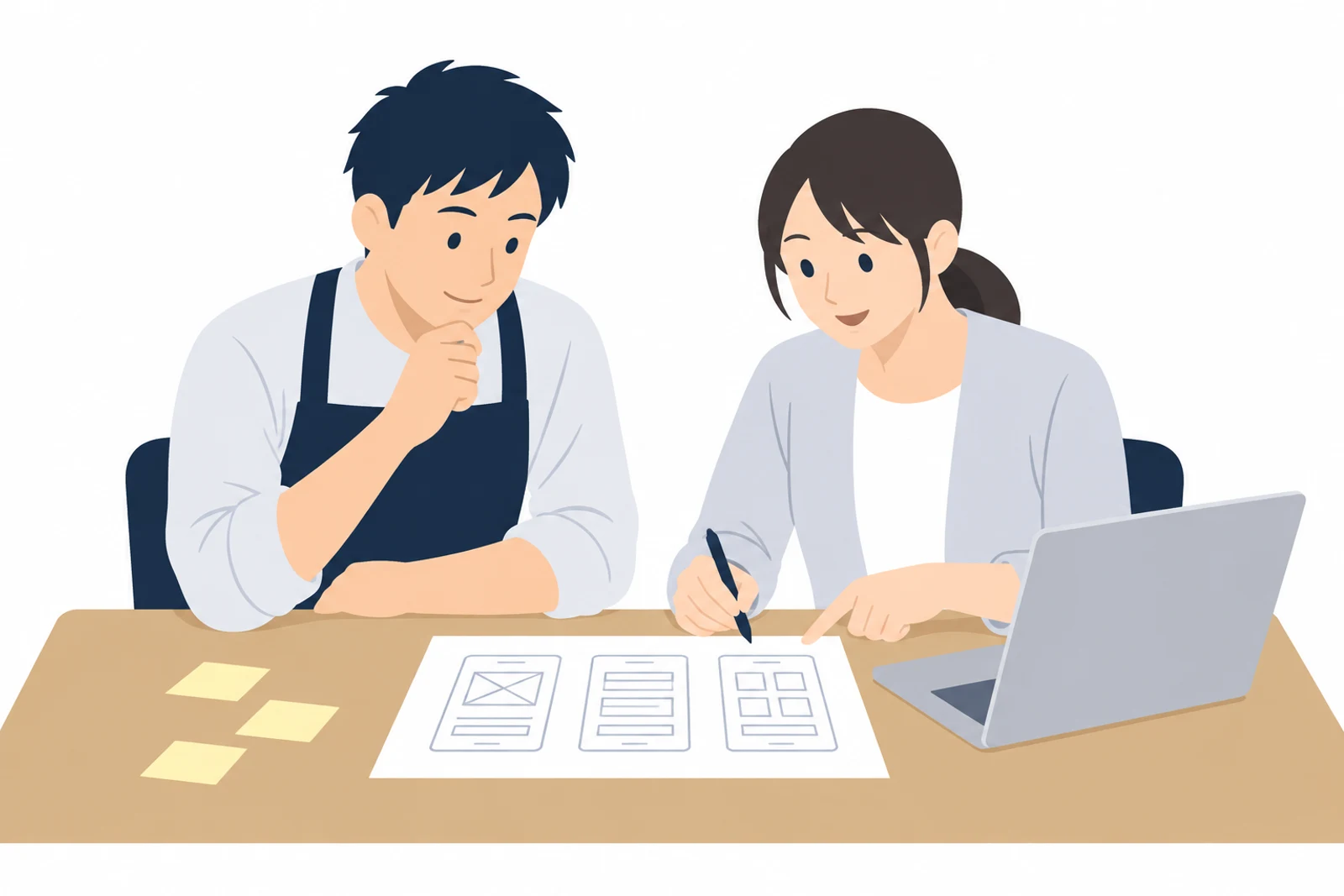 Webアプリの開発費用を決めるために、画面の手描きの下書きを見ながら相談する店主と開発者のイラスト