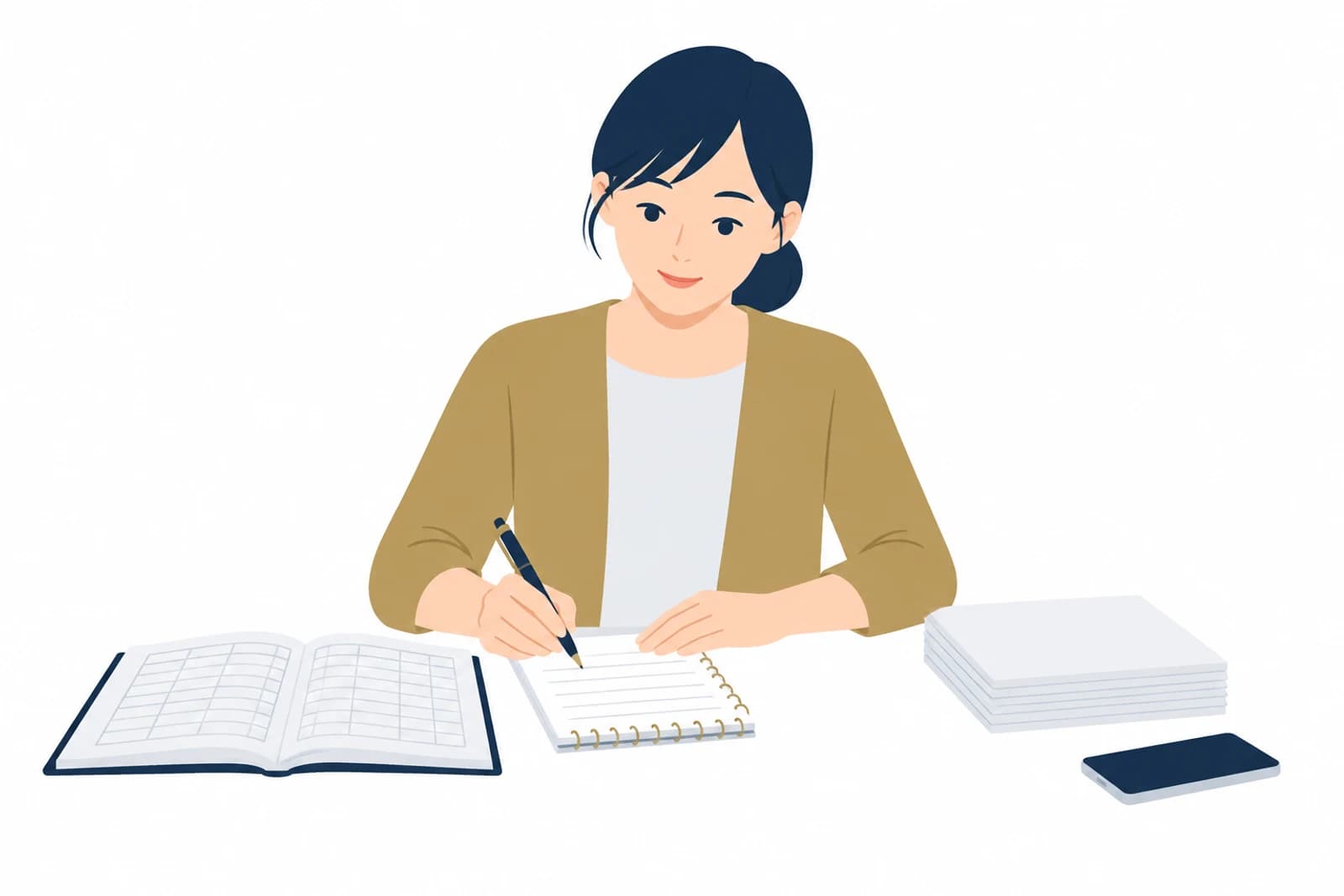 Webアプリ開発の費用の見積もりを頼む前に、今の業務の流れを書き出す女性のイラスト