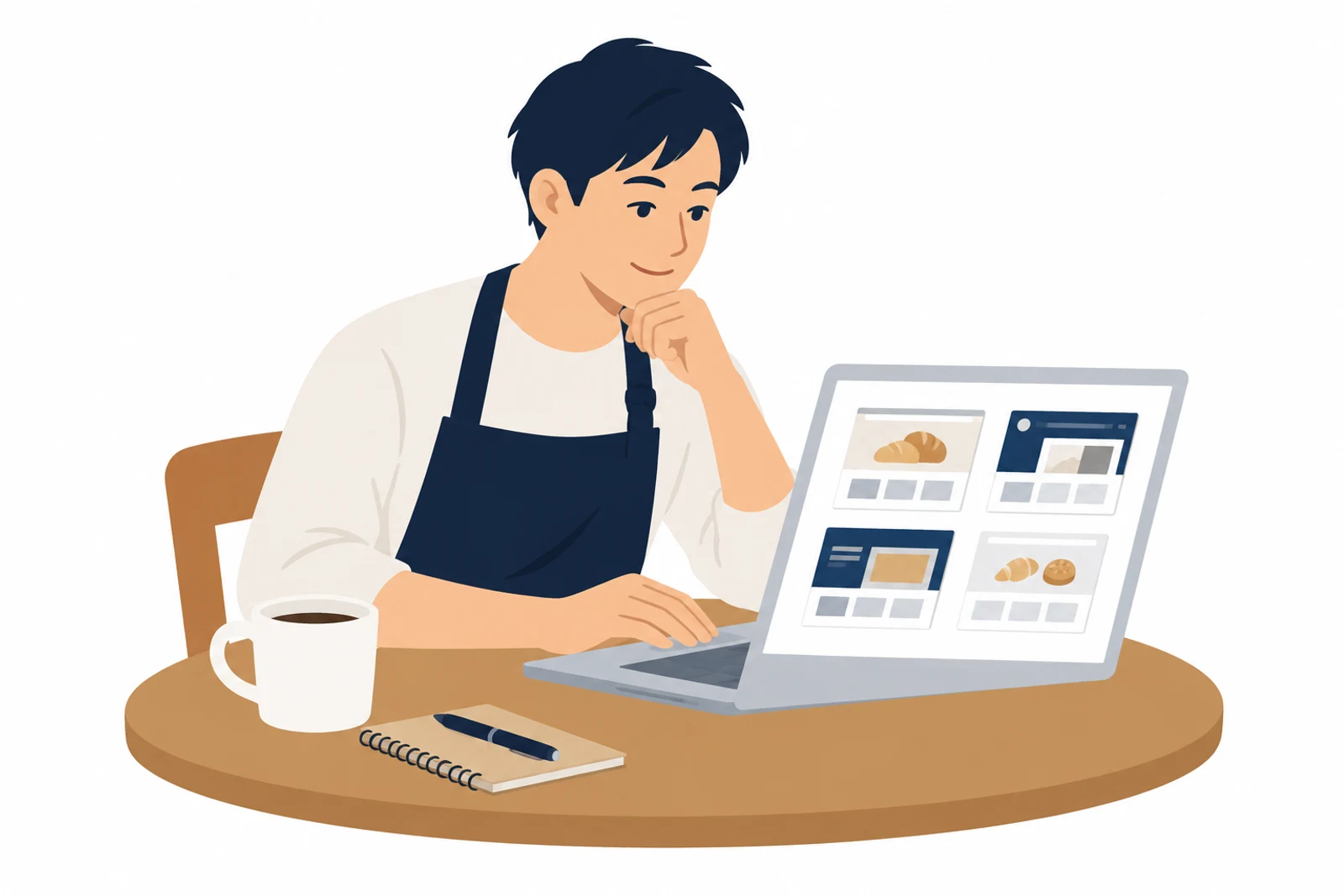 閉店後にWixのホームページのテンプレートを見比べるパン屋の店主のイラスト