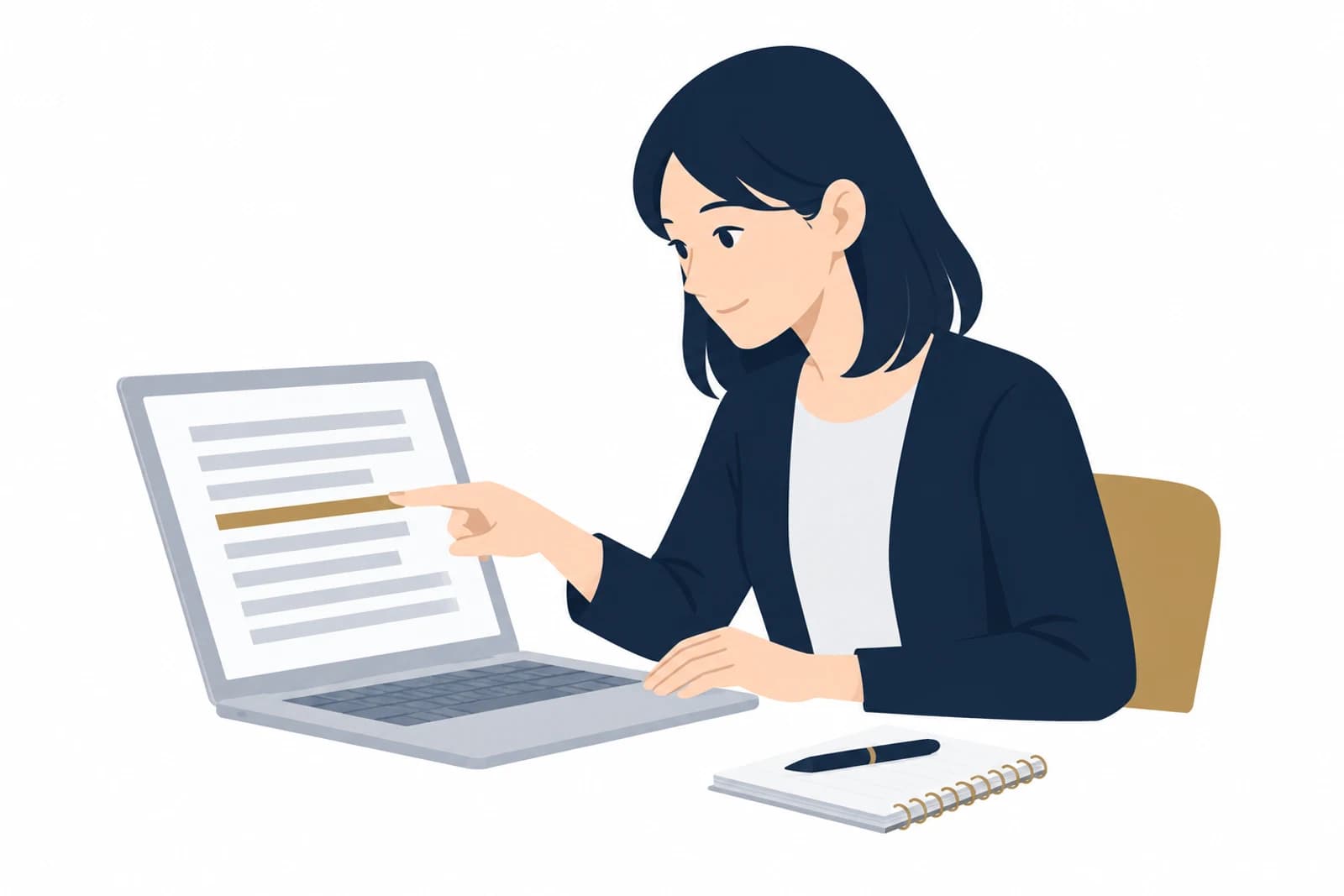 WordPressのエラーの記録を読み、原因になっている行を指で追う女性のイラスト