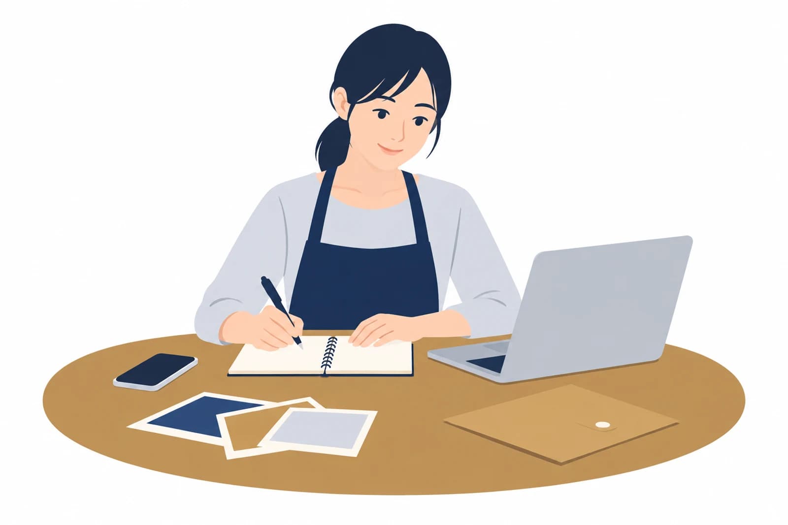 ワードプレスでホームページを作る前に、用意するものをノートに書き出す女性のイラスト