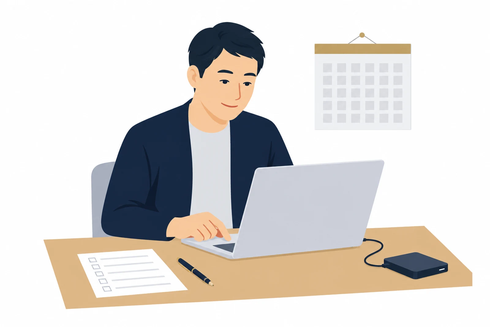 WordPressの保守を自分で続けるため、バックアップを取ってから更新作業をする男性のイラスト
