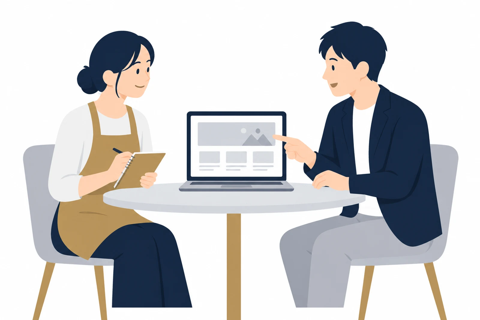 WordPressのホームページの保守をどこまで任せるか、制作者と相談する店主のイラスト
