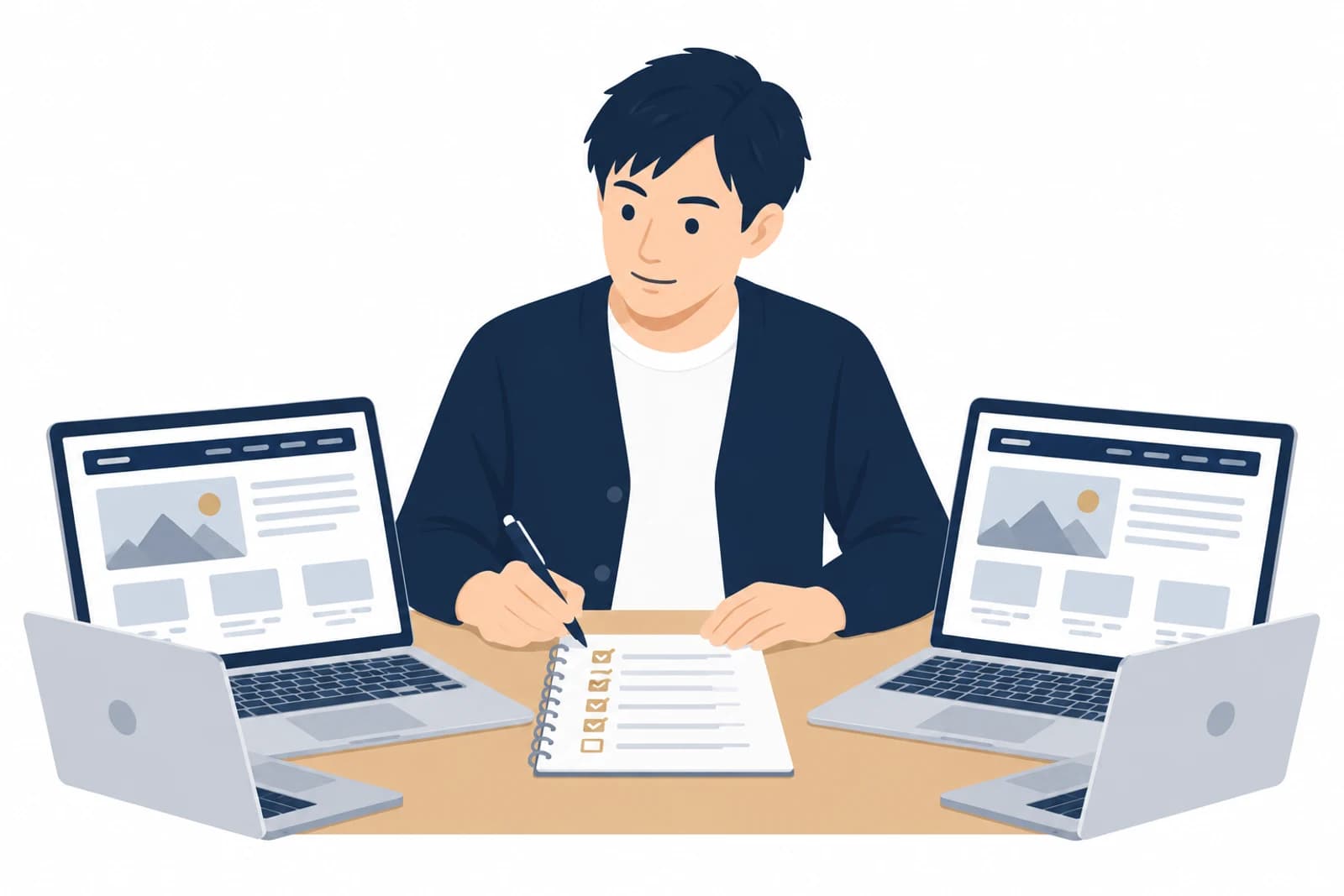 検証環境と本番のWordPressを2台のノートパソコンで見比べ、プラグインの動きを確認する男性のイラスト
