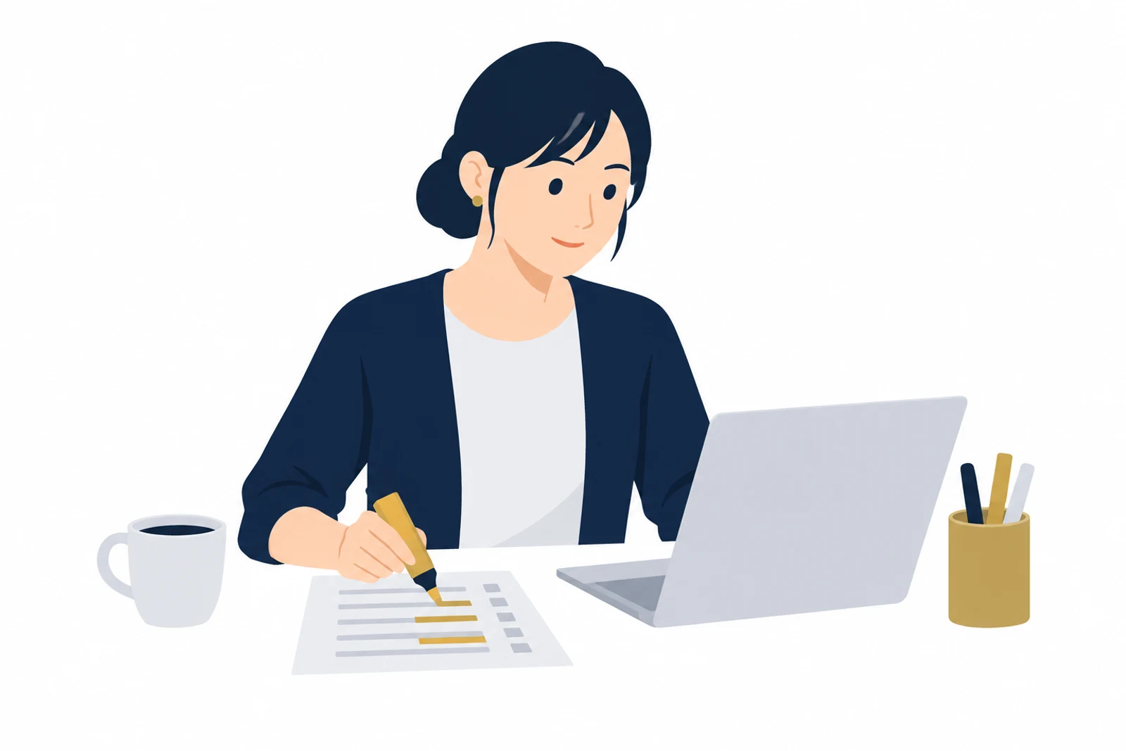 更新が止まっているプラグインがないかを、印刷した一覧に印をつけながらノートパソコンで確かめる店主のイラスト