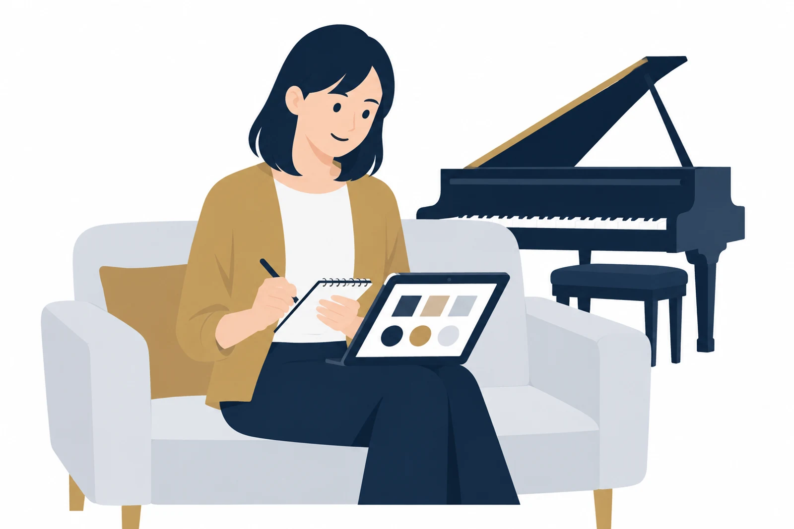 WordPressのテーマを無料で済ませるか有料を選ぶかを、見本を見比べながら考える女性のイラスト