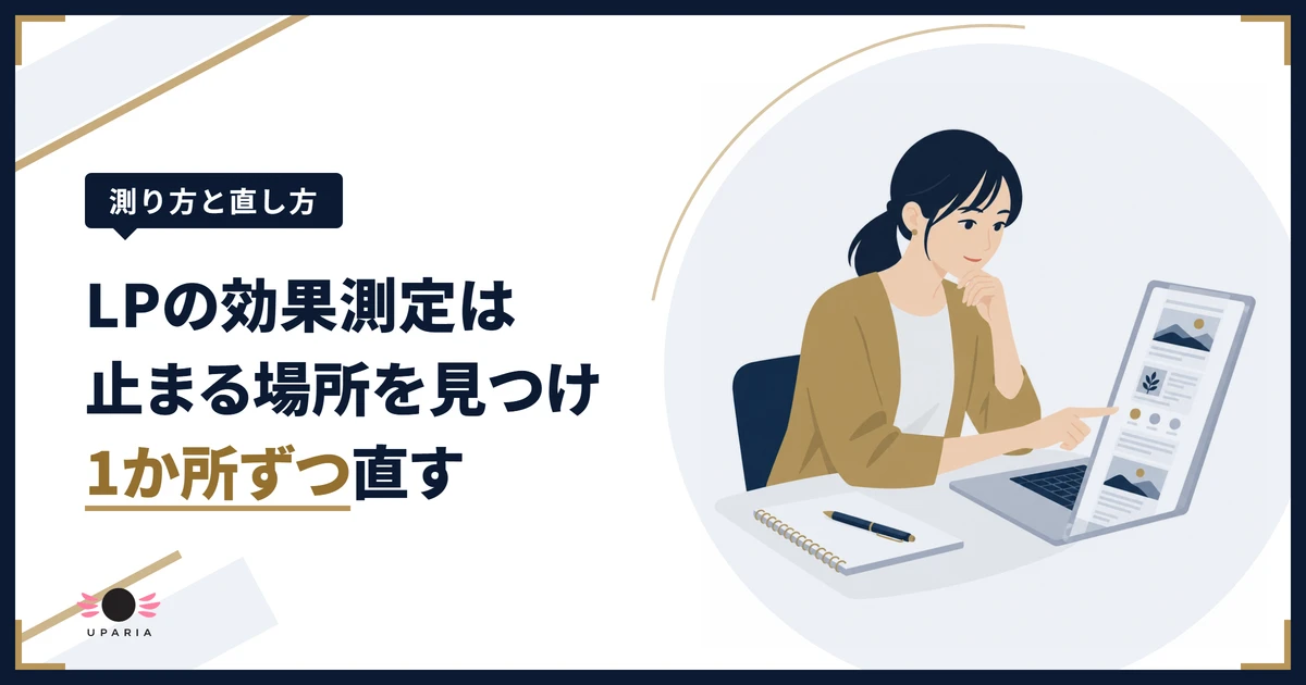LPの効果測定のために、ノートパソコンで自分のLPを上から順に確かめる事業者のイラスト