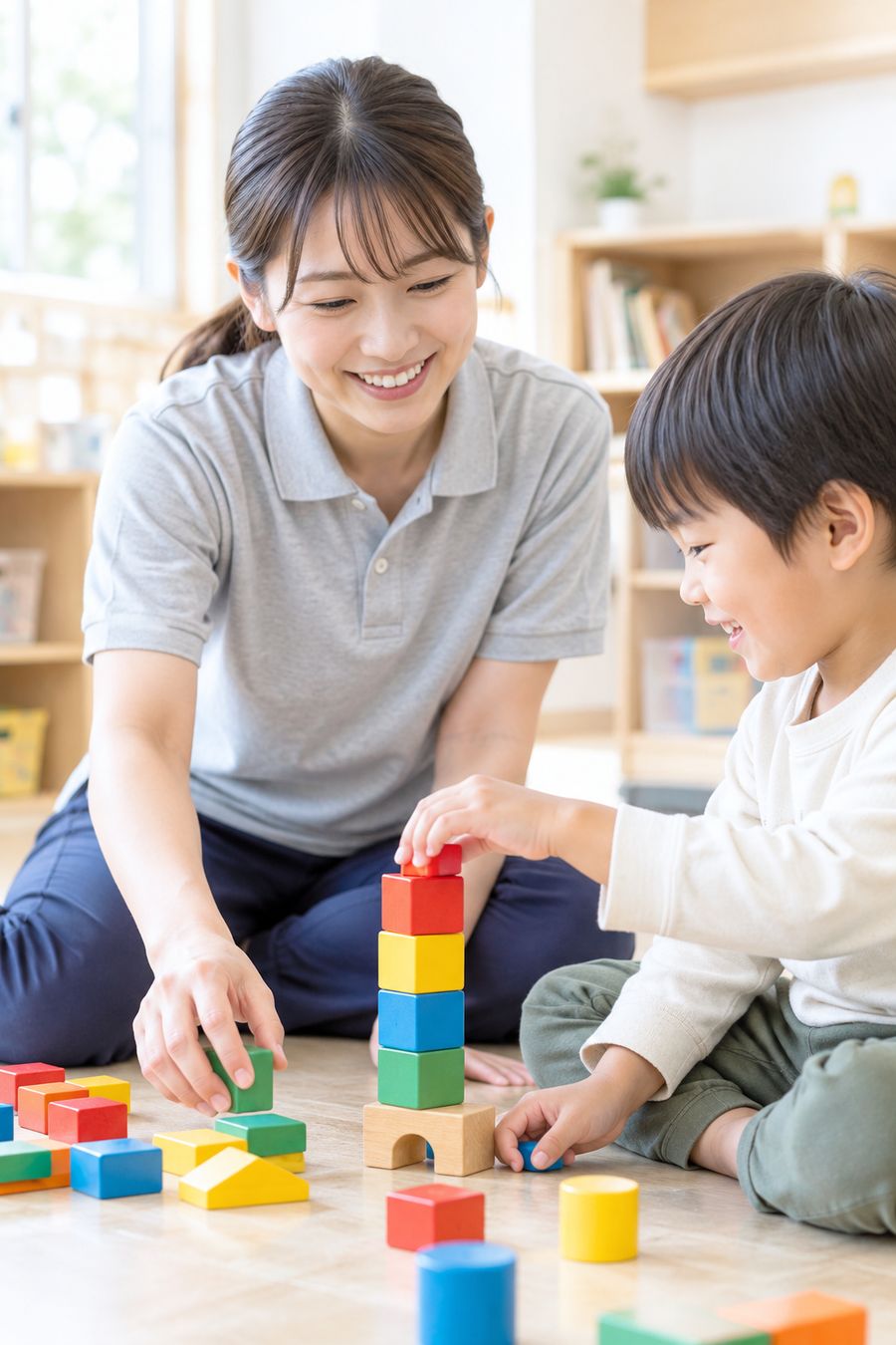 スタッフと積み木で遊ぶ男の子