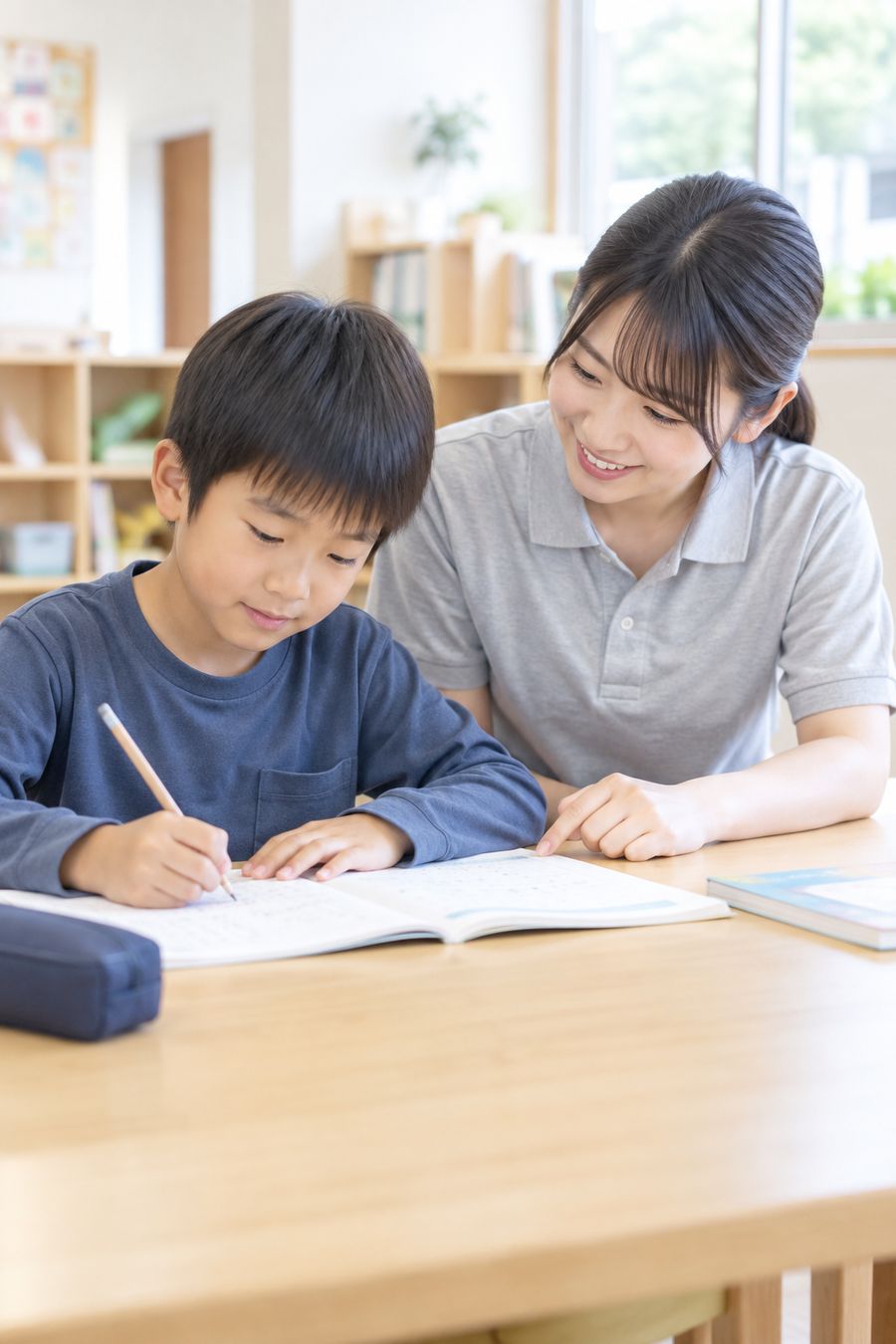 宿題をする小学生とそばで見守るスタッフ
