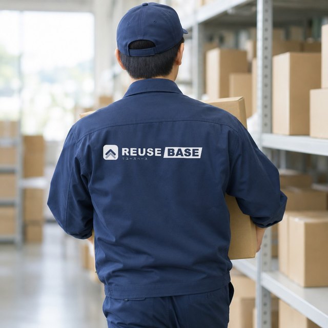 ロゴ入りの作業着を着たREUSE BASEの査定スタッフの後ろ姿